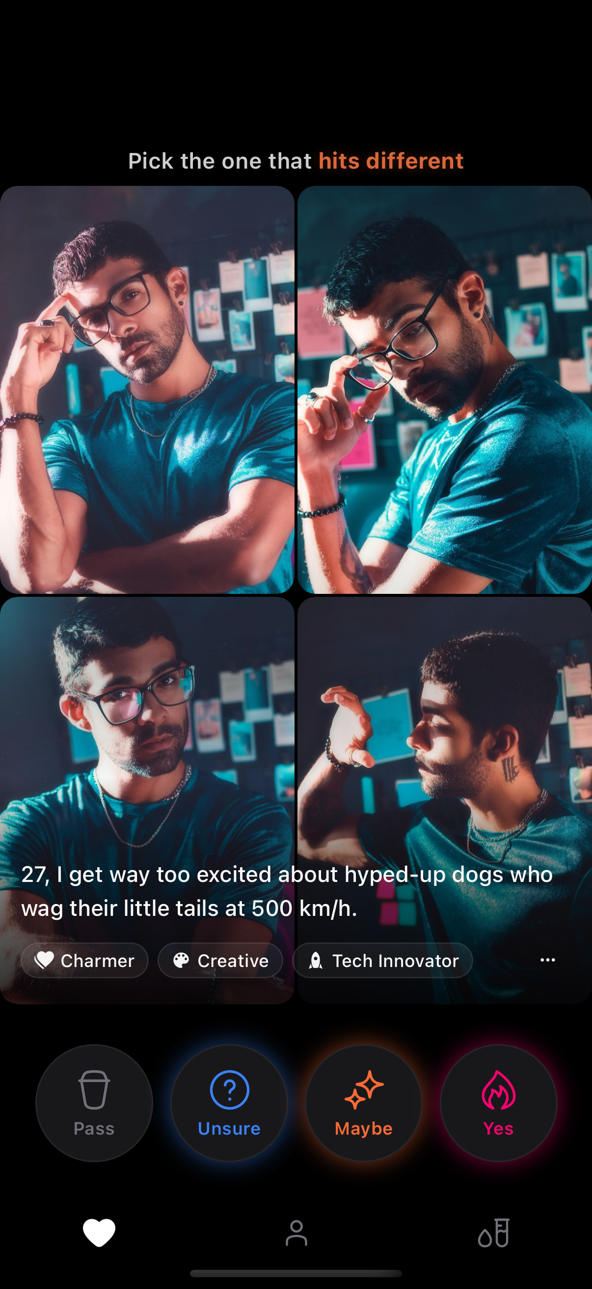 Zygnal's 4-level voting interface showing Pass, Unsure, Maybe, and Yes options for rating dating profiles